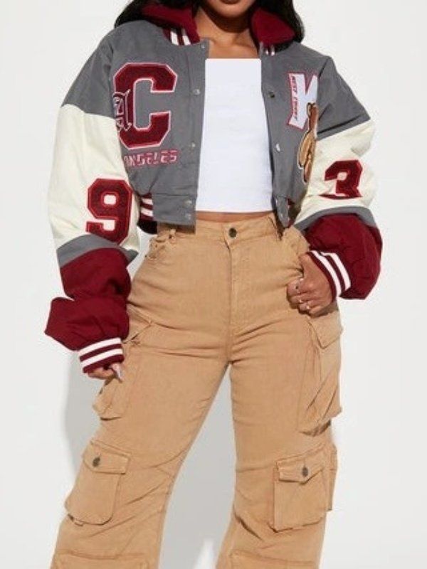 Sporty Varsity Jacket With Pockets For Fall, Trendy Hooded Varsity Jacket With Pockets, Varsity Jacket With Pockets For Fall, Fall Varsity Jacket With Pockets, College Varsity Jacket With Pockets For Fall, 90s Style Fall Outerwear For Streetwear, Fall College Varsity Jacket With Pockets, Retro Hooded Varsity Jacket For Fall, 90s Style Patchwork Outerwear For Streetwear