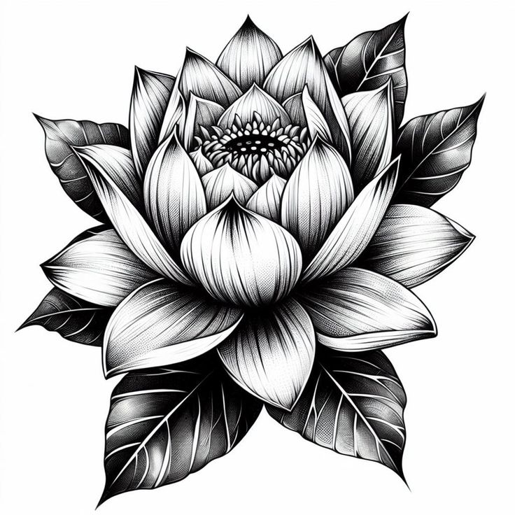 a black and white drawing of a flower with leaves on the bottom half of it