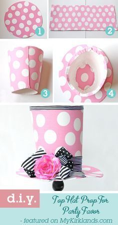 instructions to make a pink polka dot paper party hat with ribbon and flower on top