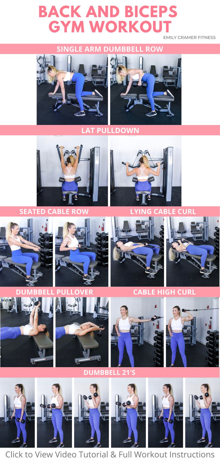 the back and biceps gym workout routine is shown in this image, with instructions to