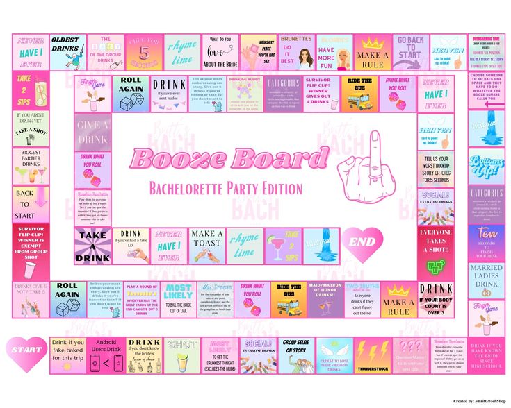 a pink board game with lots of different items on it and the words booze board