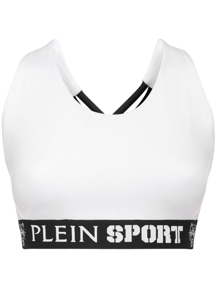 white/black stretch-design logo underband crossover strap detail scoop neck sleeveless straight hem cropped White Sleeveless Sporty Crop Top, Sporty Logo Print Crop Top For Summer, White Sporty Crop Top Tank, White Sleeveless Sports Crop Top, White Sleeveless Crop Top For Sports, White Sporty Activewear With Tank Straps, Sporty White Activewear With Tank Straps, White Racerback Crop Top With Medium Support, White Sports Bra With Tank Straps And Seamless Construction