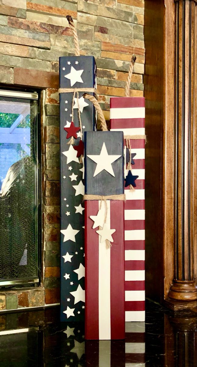 4th of July Firecracker Set Outdoor Americana Decor, Red White And Blue Wood Crafts, Outdoor 4th Of July Decor Easy Diy, Fourth Of July Porch Decorating Ideas, Wood Firecracker Diy, Wooden Craft Show Ideas, Americana Wood Crafts, Wood Fireworks Craft, 4th Of July Wood Crafts Diy Projects