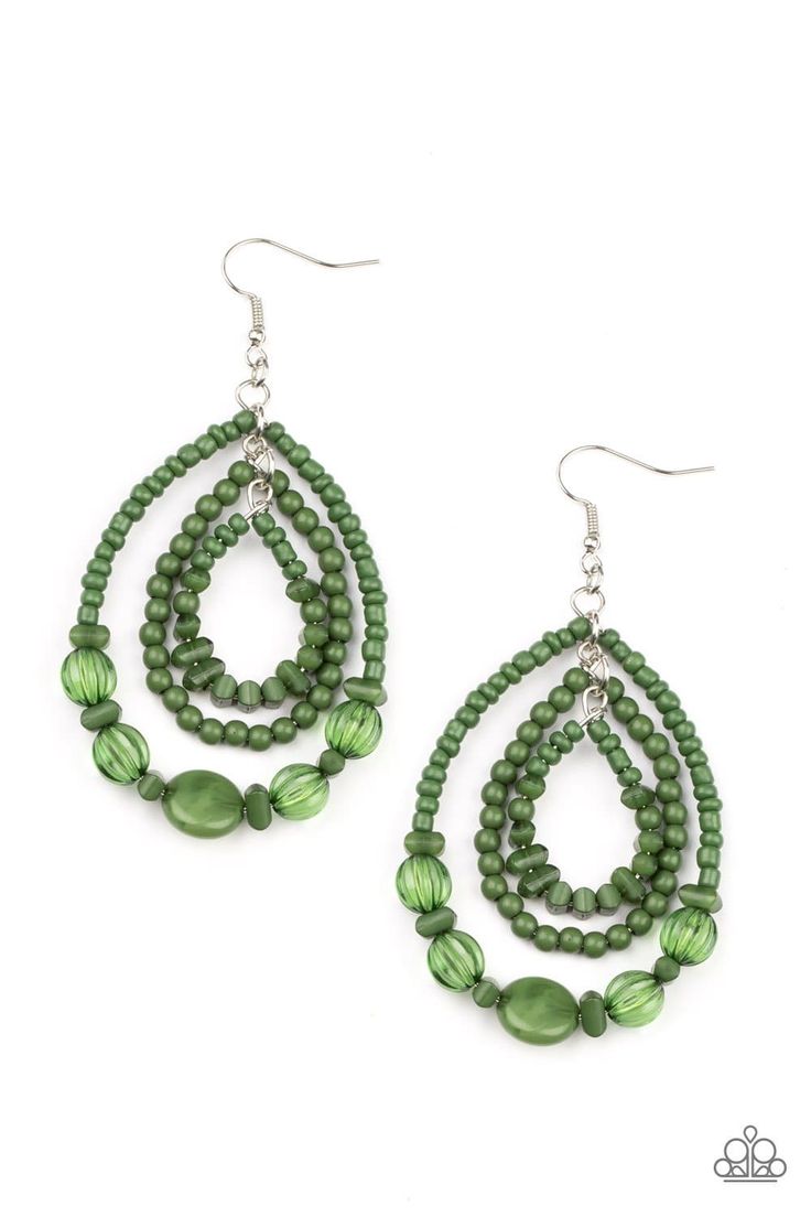 Prana Party - Green Earrings - Barbara Towles Masterson's Store Paparazzi Earrings, Fish Hook Earrings, Party Earrings, Paparazzi Accessories, Faux Stone, Green Earrings, Green Item, Paparazzi Jewelry, Seed Bead Earrings