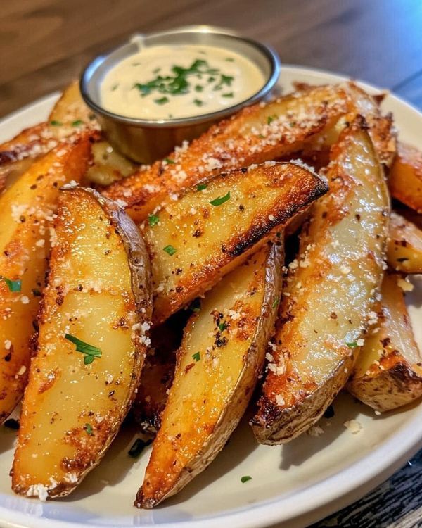 some fried potatoes on a white plate with dipping sauce