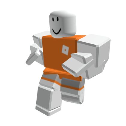 an orange and white robot is holding something in one hand with his right arm out