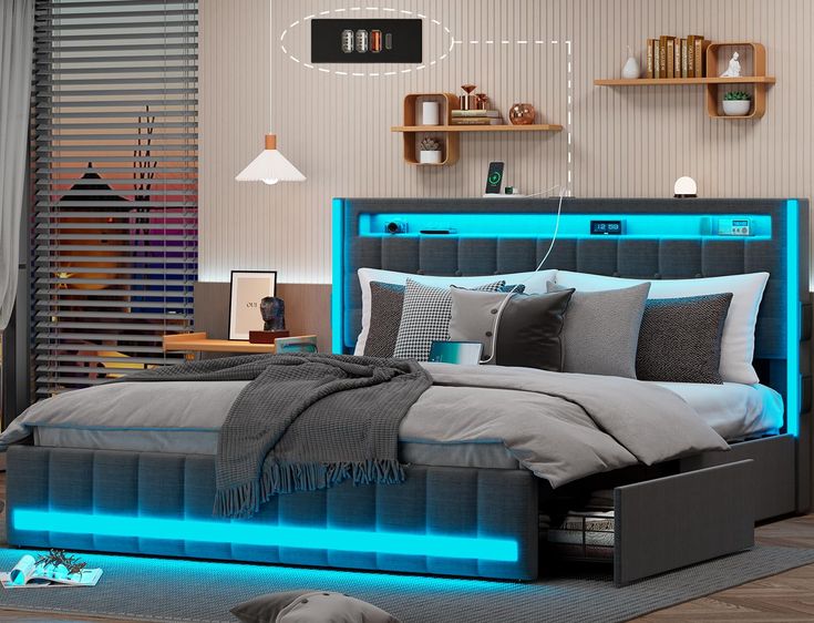 a bed with blue lights on the headboard and foot board is in a bedroom