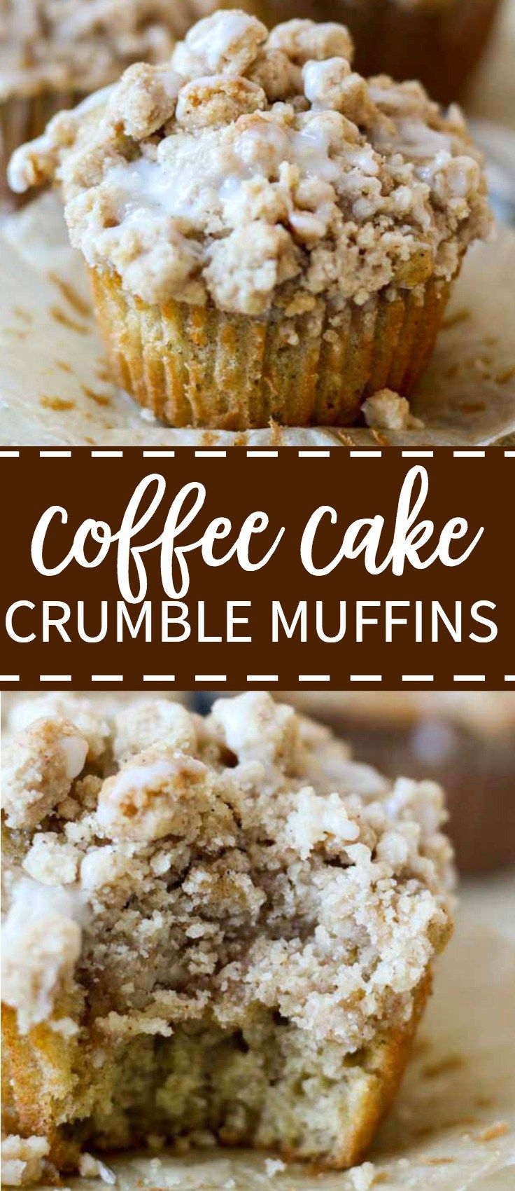 coffee cake crumble muffins are cut in half and stacked on top of each other