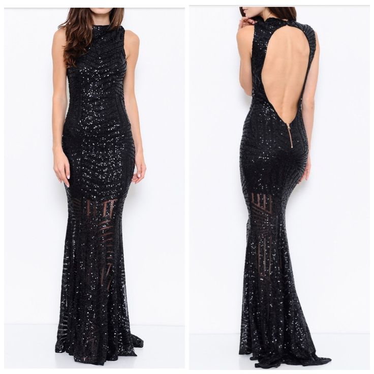 Elegant Black Sequin Dress With Tear Drop Back. Knee Length Lining. Black Maxi Dress With Back Zipper, Glamorous Fitted Black Maxi Dress, Sleeveless Black Maxi Dress With Back Zipper, Black Prom Dress With Back Zipper, Black Floor-length Evening Dress With Back Zipper, Black Sequined Maxi Dress For Night Out, Glamorous Black Dress With Back Zipper, Black Evening Dress With Back Zipper For Night Out, Elegant Black Maxi Dress With Sequins