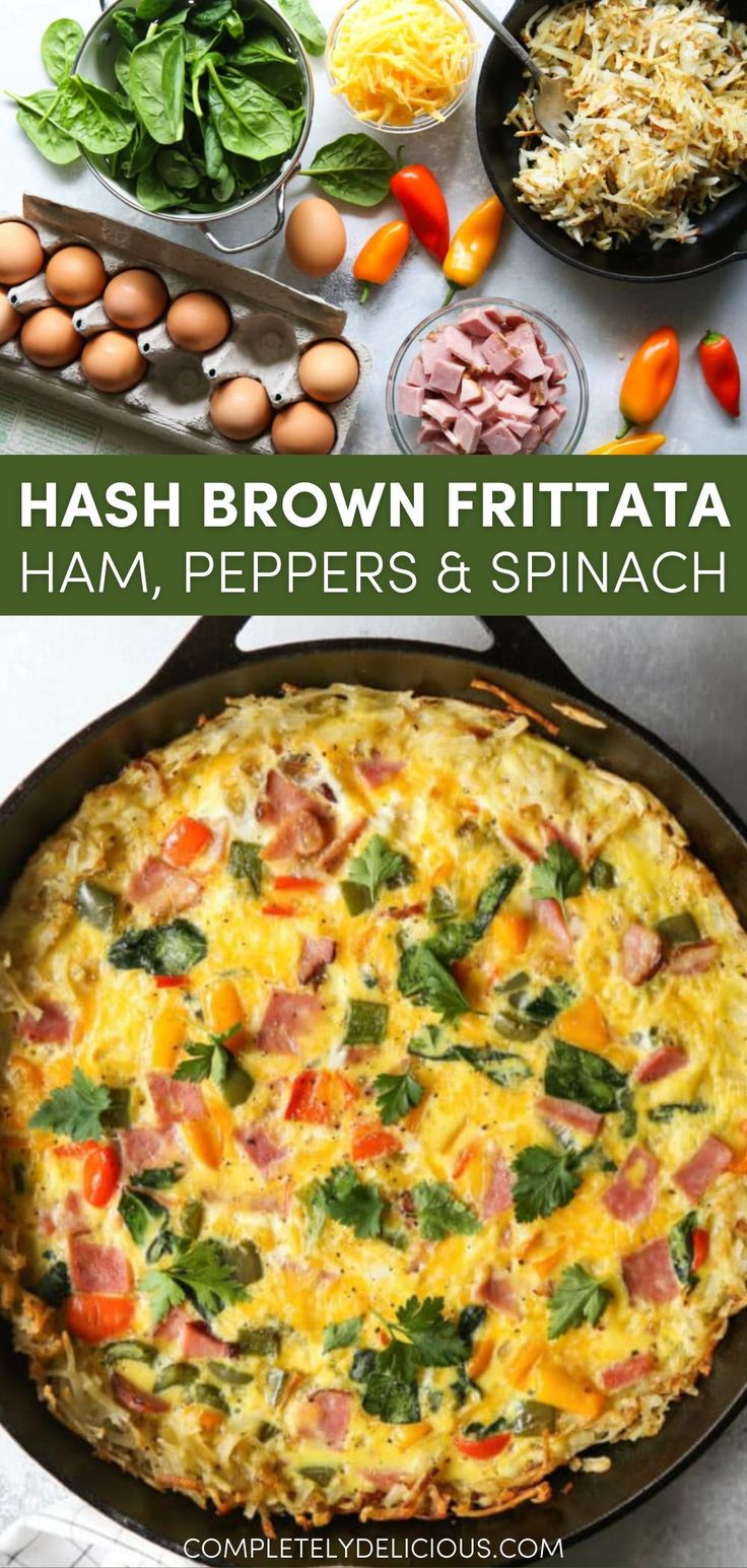 hash browns frittata with ham, peppers and spinach in a skillet