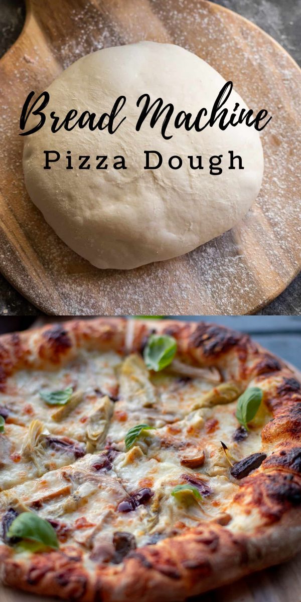 bread machine pizza dough is sitting on a wooden cutting board next to a loaf of bread