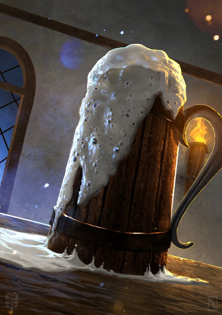 a painting of a giant beer mug with foam on it's head and handle