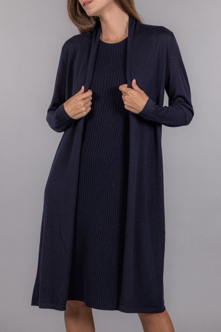 TL33R24 - 100% Cashmere- Lightweight- Hits below the knee- Model is 5'9" and wearing a size Small Elegant Navy Winter Cardigan, Navy Winter Cardigan For Layering, Elegant Navy Cardigan For Fall, Knee-length Cardigan For Fall, Fitted Knee-length Cardigan For Winter, Fitted Knee-length Winter Cardigan, Duster Cardigan, Dress With Cardigan, Every Woman