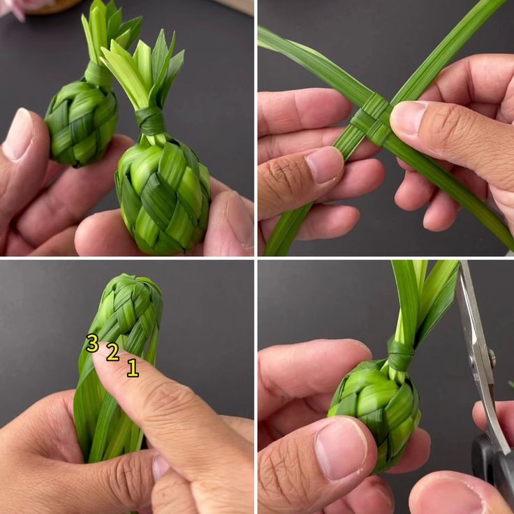 the process of making an artichoke flower is shown in four different stages, including cutting