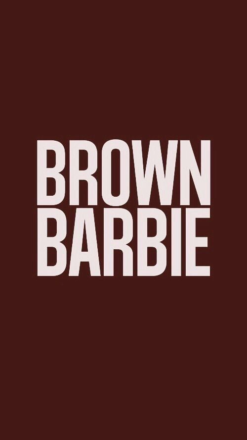 the words brown barbie are in white letters on a maroon and black background with an orange stripe