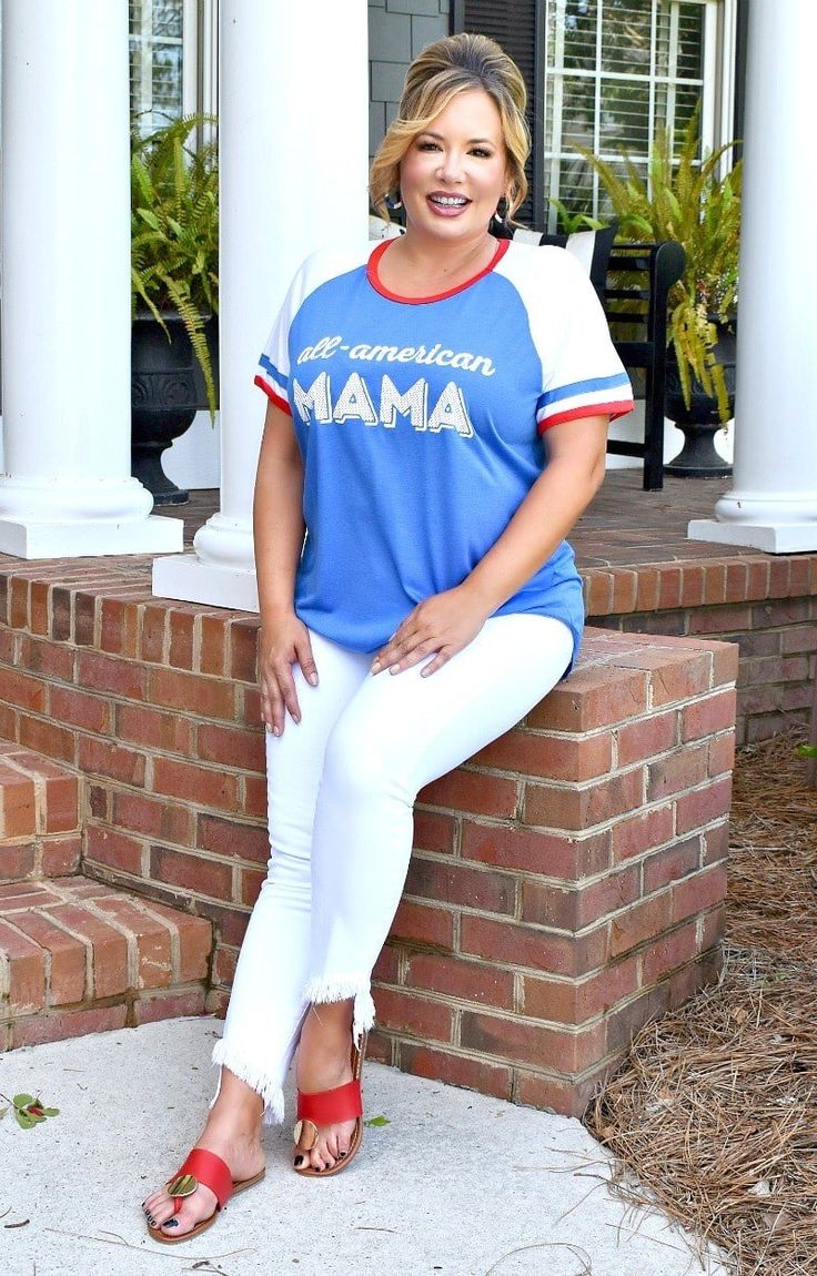 Calling all mamas! How cute is this top for allowing you to show off your patriotic side this Summer season? This one features a stretchy t-shirt style material with a bold red, white, and blue color combination. It says, "All American Mama" on the front which also makes this an adorable option for Summer ball season as well for the sports moms out there! Grab yours and throw on your favorite jean or shorts with a cute pair of converses and rock your look! 65% Cotton,35% Poly Hand wash and Hang to dry Model is wearing size 10/12 Pattern placement may vary Color may vary from different viewing devices Blue T-shirt With American Flag Print For Spring, Casual Tops For 4th Of July, Casual Stretch Tops For 4th Of July, Blue Tops With American Flag Print For Memorial Day, Blue Crew Neck Top For 4th Of July, Casual Blue Tops With American Flag Print, Casual Blue Tops With Flag Print, Blue Patriotic T-shirt For Spring, Blue Graphic Tee For 4th Of July