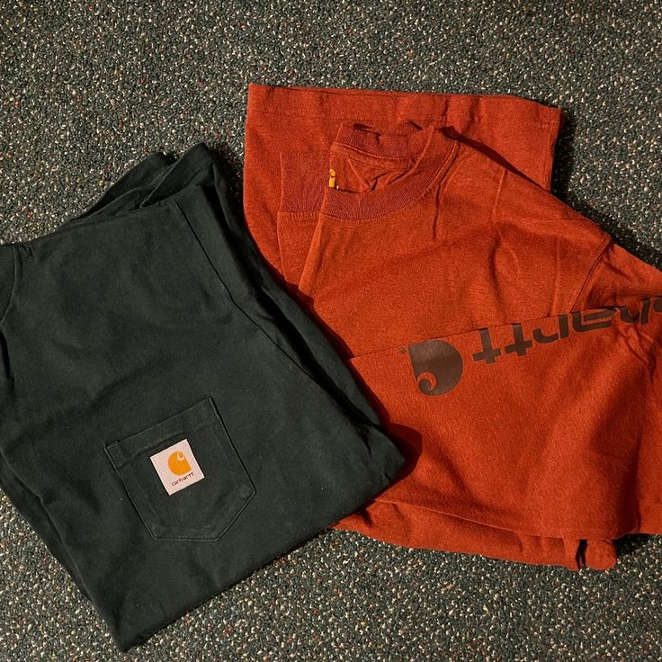 2 Carhartt Men’s Shirts T-Shirt, Dark Green, There Are No Tags So I Assume It Is A L (Comparable To The Second Shirt In Width) And Long Sleeved T-Shirt, Size L, Original Fit, Burnt Orange With Dark Brown Lettering (Tag Pic Shows Best Color), Both Nwot Orange Cotton Tops With Pockets, Orange Short Sleeve Tops With Pockets, Carhartt Men, Carhartt Shirts, Men Carhartt, Best Color, Carhartt Mens, Burnt Orange, Dark Green