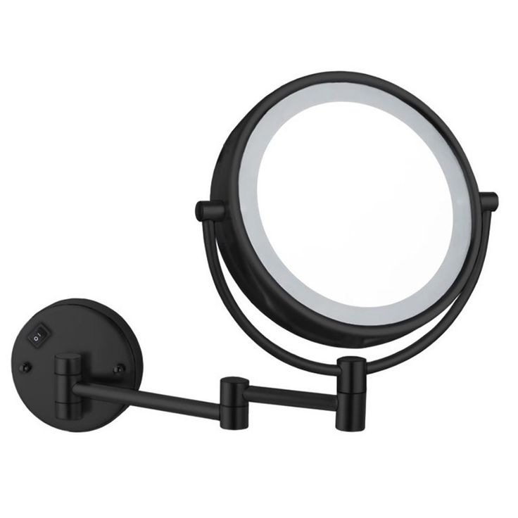 the magnifying mirror is mounted on a black metal pole with an adjustable arm