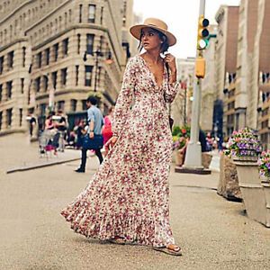 Women Casual Floral Dress Long Sleeve Bohemian BOHO Beach V neck long dresses | eBay Boho Floral Maxi Dress, Bohemian Maxi, Vacation Dress, Bohemian Maxi Dress, Maxi Robes, Boho Maxi, Vacation Dresses, Boho Maxi Dress, Lantern Sleeve