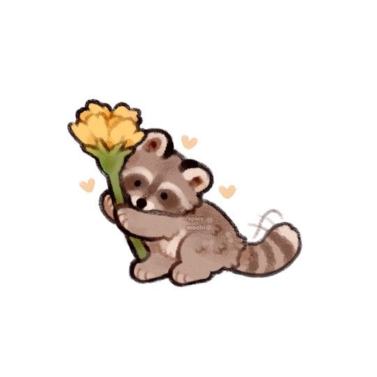 a raccoon holding a yellow flower with hearts in the background