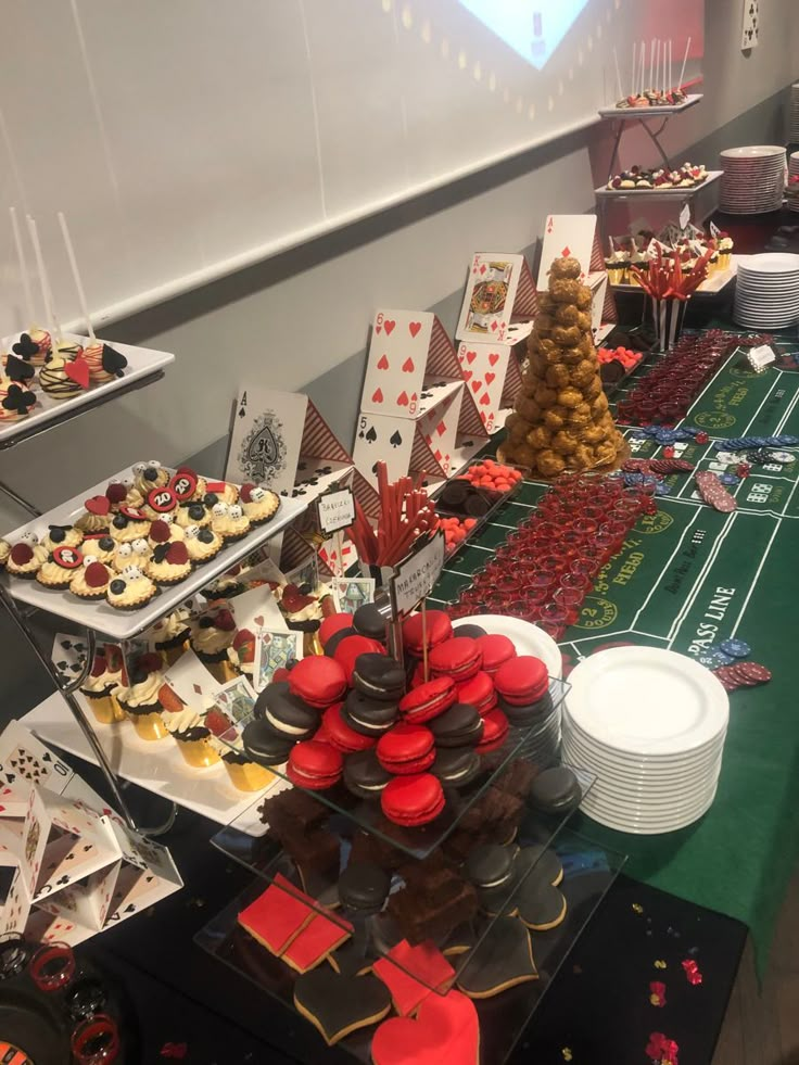 a table filled with lots of desserts on top of plates and trays next to each other