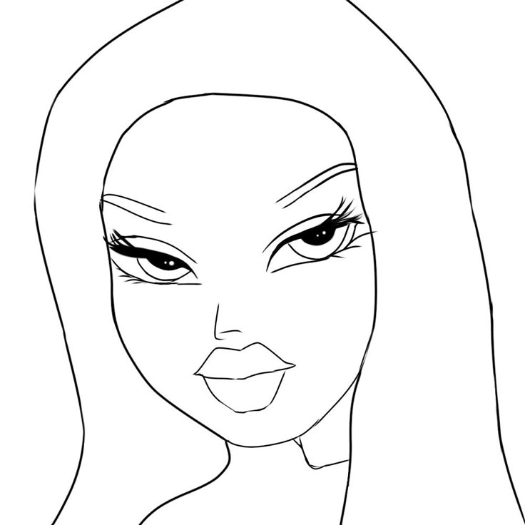 a woman's face with long hair and big eyes, outlined in black and white