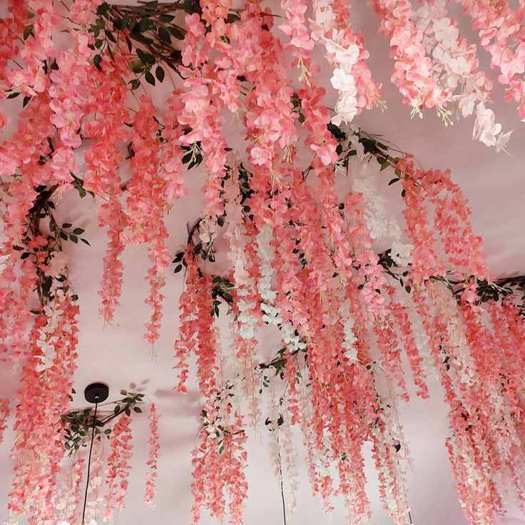 pink flowers are hanging from the ceiling in a room with white walls and flooring