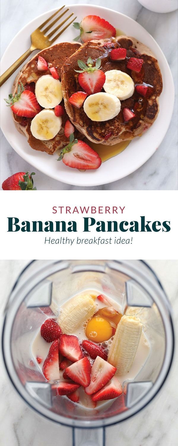 two pictures of pancakes and strawberries in a blender with the words, strawberry banana pancakes