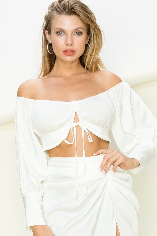 STYLED BY ALX COUTURE MIAMI BOUTIQUE WOMENS TOP WHITE White Love Off Shoulder Crop Top Flirty Cropped Top For Spring, Flirty Cropped Crop Top For Day Out, Flirty Cropped Top For Day Out, Flirty Long Sleeve Crop Top, Ruched Off-shoulder Crop Top For Party, Off-shoulder Ruched Crop Top For Party, Trendy White Off-shoulder Crop Top, Spring Cropped Ruched Top, Spring Cropped Ruched Crop Top