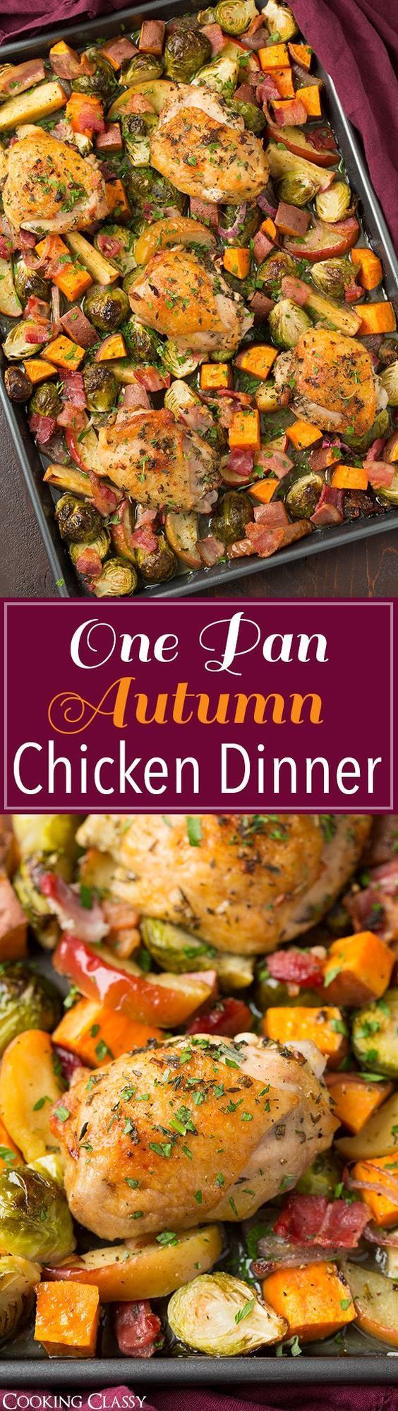 one pan chicken dinner with roasted vegetables in it and the title overlay reads, one pan oven chicken dinner