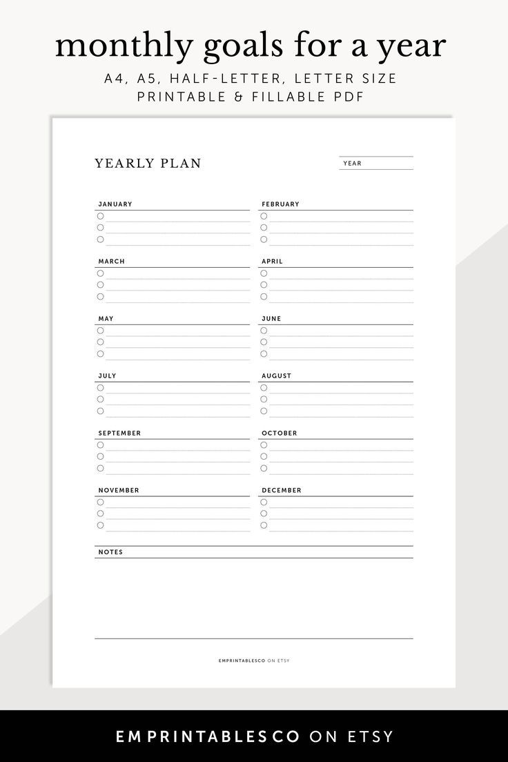 the printable goal sheet is shown with text that reads, month goals for a year