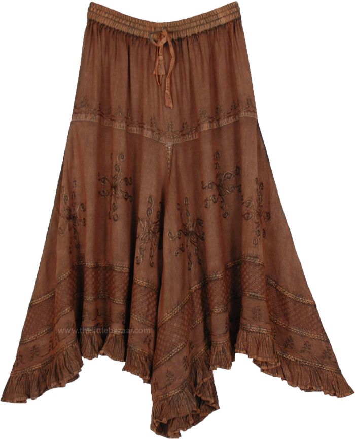 A renfaire aesthetic brown skirt with soft fabric, amazing quality, and a renaissance high low design! This western country maxi skirt in rayon is highlighted by fine embroidery and a georgette flared panel on the hem. It is stitched in layers that become fuller with each tier, each tier has an individual embroidered design with a ruffled handkerchief bottom style. #tlb #Embroidered #XLPlus #Misses #HighLow #Handkerchief #cuntrycoreskirt #forestcore Vintage Brown Bottoms For Festival, Bohemian Brown Skirt For Fall, Fall Bohemian Brown Skirt, Brown Fitted Bohemian Bottoms, Fitted Brown Bohemian Bottoms, Fitted Bohemian Brown Bottoms, Bohemian Asymmetrical Maxi Skirt For Fall, Brown Bohemian Summer Skirt, Brown Flowy Maxi Skirt For Summer