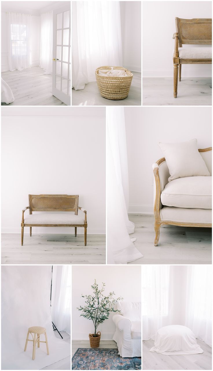 white room with wooden furniture and plants in vases on the floor next to window