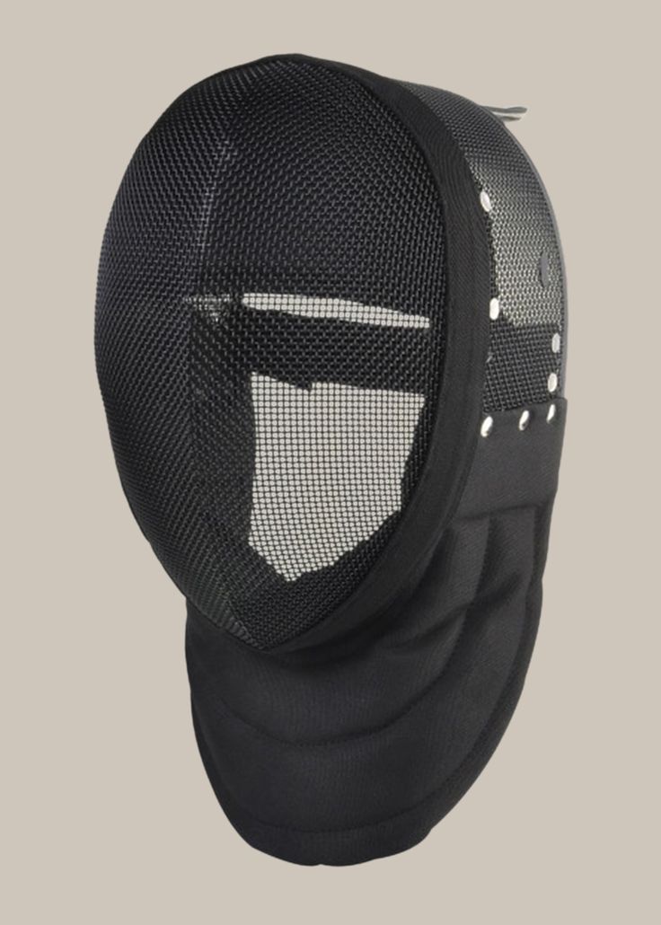 a black face mask with mesh covering on the front and side, against a white background