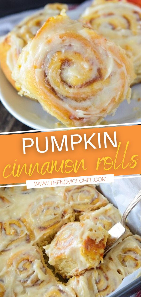 pumpkin cinnamon rolls on a white plate with the title above it and an orange background