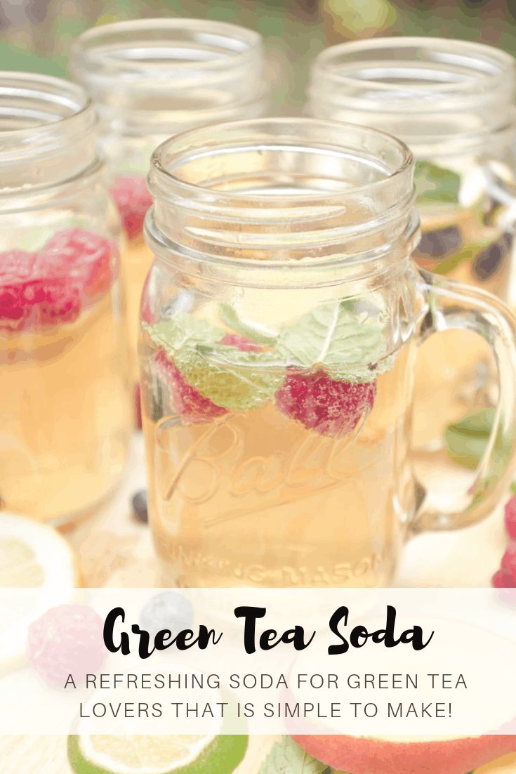 four mason jars filled with green tea soda