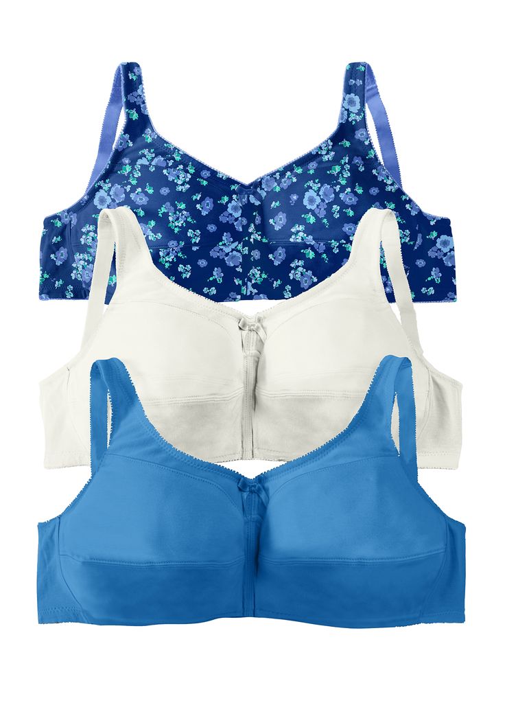 Enjoy ultimate wireless comfort with full-coverage bras featuring elegant picot trim. Double-lined bottom cups provide a light lift and support without the need for a wire. Adjustable straps ensure a customized fit for maximum support. Convenient hook and eye back closure for easy wear. Crafted from soft, breathable cotton to keep you comfortable all day long. Hand wash for lasting quality. Imported Customers also love this bra in Front Closure! Shop Now. | Plus Size Women's 3-Pack Cotton Wirele Posture Bra, Cotton Bras, New Bra, Full Coverage Bra, Tunic Tank Tops, Plus Size Bra, Swimsuits For All, Wireless Bra, Cotton Pads