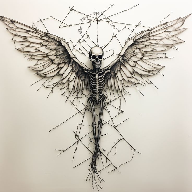 Barbed Wire Outline of Skeleton with Wings

#aiart #aiartcommunity #midjourney #visualart #storytelling Skeleton Tattoo With Wings, Skeleton With Angel Wings, Skeleton Wings, Skeleton With Wings, Skeleton Outline, Alas Tattoo, Coraline Art, Human Skeleton, Skeleton Tattoos