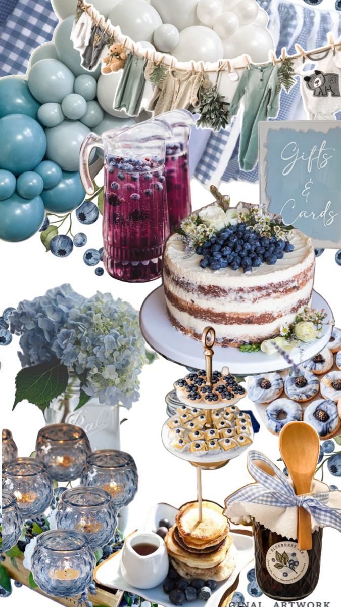 a collage of blue and white items including cake, teacups, balloons