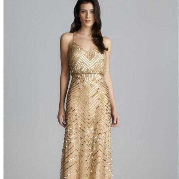 Nwt Long Gold Beaded Dress. It’s A Show Stopper. I Bought A Few Dresses For My 50th But Didn’t End Up Wearing This One. Grab This For A Great Deal!! Gold Fitted Dress With Beaded Straps, Elegant Gold Dress With Beaded Straps, Elegant Sequined Bridesmaid Maxi Dress, Elegant Bridesmaid Maxi Dress With Sequins, Glamorous Embellished Bridesmaid Evening Dress, Gold Beaded Dress, Gold Chevron, Adrianna Papell Dresses, Adrianna Papell