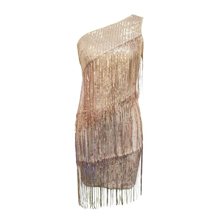 This luxury One-Shoulder Tassels & Sequins Mini Dress will make you look stunningly glamorous. The gold-hued bodycon design and ornate tassels and sequins bring out the effortless beauty in you. A perfect embodiment of class and glamour. Fit Type: Slim Fit Fabric: Slight Stretch Material: Polyester Gold Sequined Mini Dress For Evening Wear, Evening Mini Dress With Tassels For Party Season, Glamorous Mini Dress With Tassels For Party Season, Elegant Fringe Sequin Cocktail Dress, Glamorous Fringe Sequin Dress For Evening, Elegant Sequin Cocktail Dress With Fringe, Elegant Cocktail Sequin Dress With Fringe, Glamorous Evening Sequin Dress With Fringe, Glamorous Gold Mini Dress For Evening