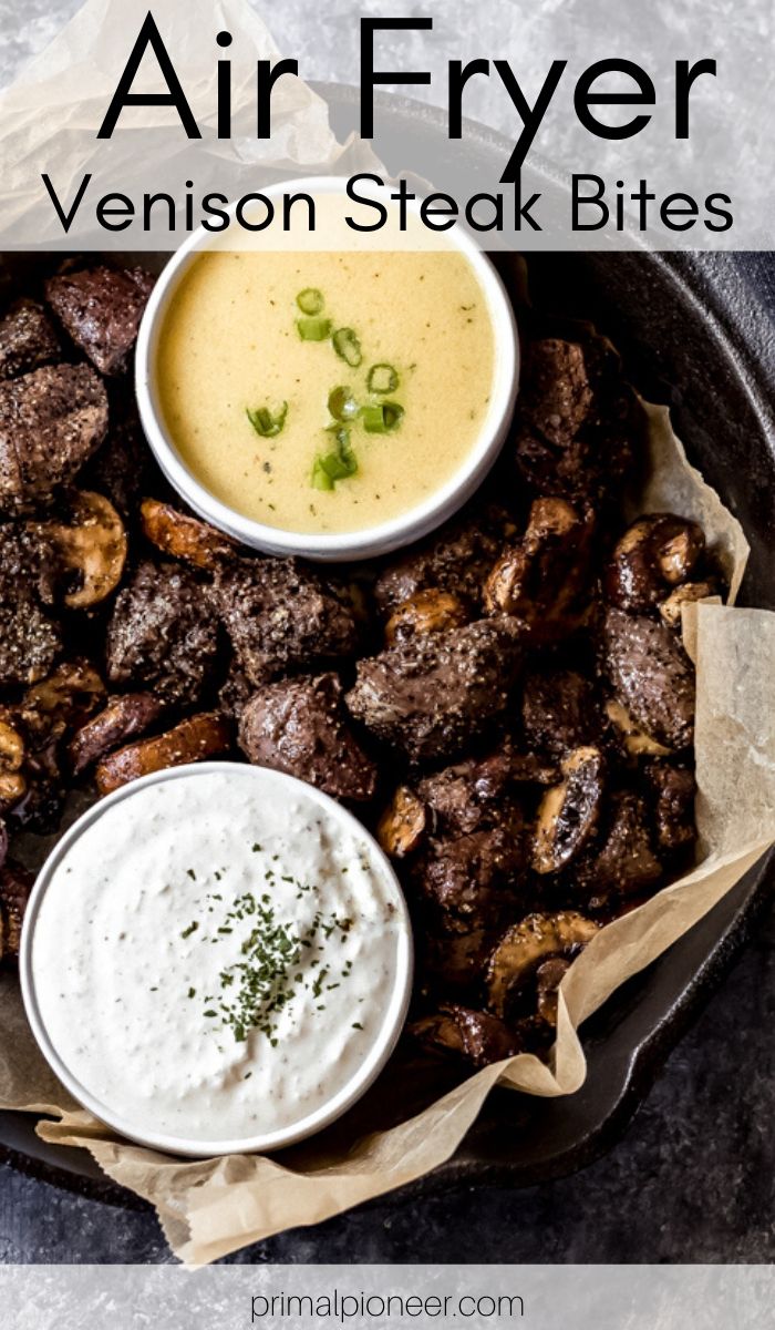 air fryer venison steak bites served with ranch dip and sour cream sauce