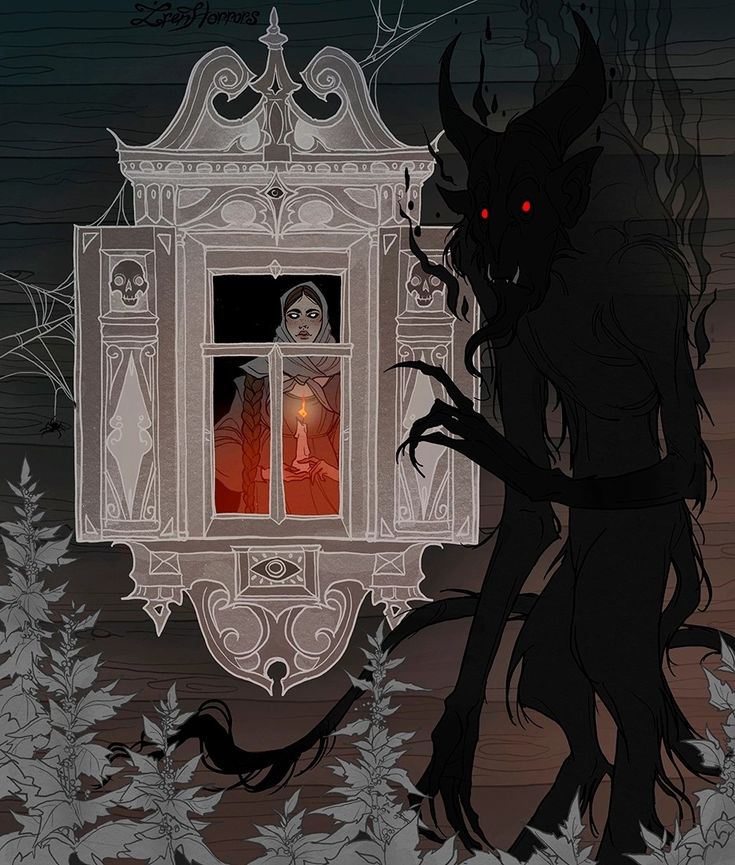 an illustration of a demon looking out the window at a woman in a red dress