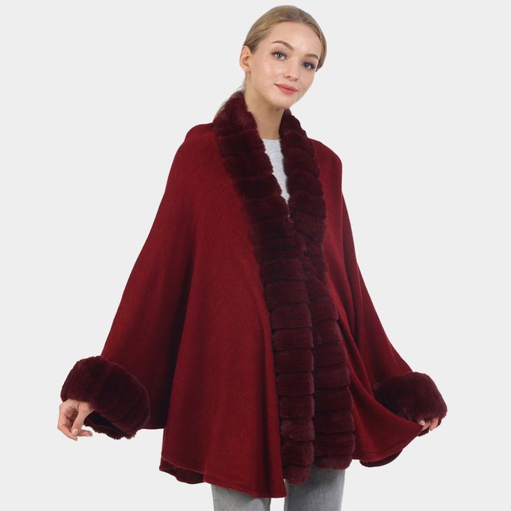 Size : 45" X 31.5" Material : 100% Polyester Burgundy Red Oversized Poncho For Winter, Red Winter Cape One Size, Oversized Red Poncho For Winter, Oversized Burgundy Winter Outerwear, Oversized Burgundy Outerwear For Winter, Faux Fur Trim Cape For Cold Weather In Fall, Fall Cape With Faux Fur Trim For Cold Weather, Red Oversized Cape Outerwear, Oversized Red Cape For Fall