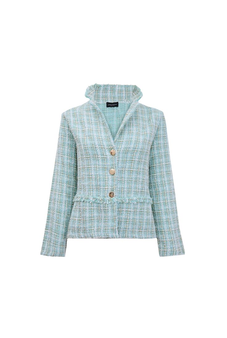 This short tweed jacket is a beautiful addition to the James Lakeland spring wardrobe. Made in a luxurious weaving of turquoise and white threads as well as golden tinsel bringing light into the fabric. Featuring gold buttons, a tired frayed edge at the front, and 3/4 sleeves, this jacket is a real luxury staple.     Made in Italy 100% Polyester Machine Wash at 30°C, Do not bleach, Permanent Press, Iron at Low Temperature, Dry Clean any solvent except trichloroethylene, Do Not Tumble Dry. Blazer Jackets For Women, The James, Spring Wardrobe, Independent Designers Fashion, Green Jacket, Jacket Sale, Tweed Jacket, Gold Buttons, Gifts For New Moms