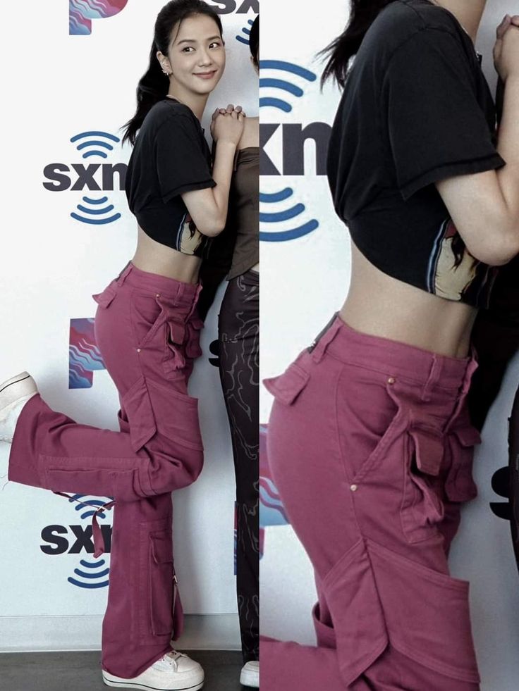 two pictures of a woman in pink pants and black shirt with her hands on her hips