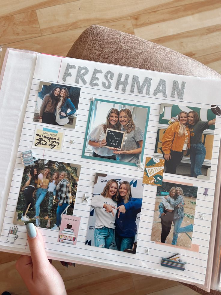 a person holding up a book with pictures and words on the front cover that reads, freshman