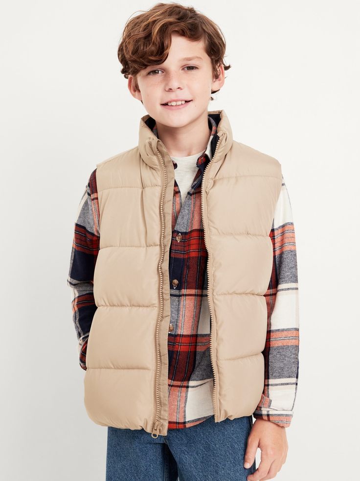 standing collar sleeveless full zip front on-seam welt pockets water resistant relaxed fit hits below waist model is approx.  5’ and wears size m (8)machine wash according to the care instruction label  . Best Holiday gift for Kids , perfect Vests for Christmas! Boy Vest Outfit, Kids Puffer Vest Outfit, Puffer Vest Brown, Puffer Vest For Boys, Old Navy Puffer Vest, Vest For Boys, Kids Puffer Vest, Boys Fall Fashion, Quilted Puffer Vest