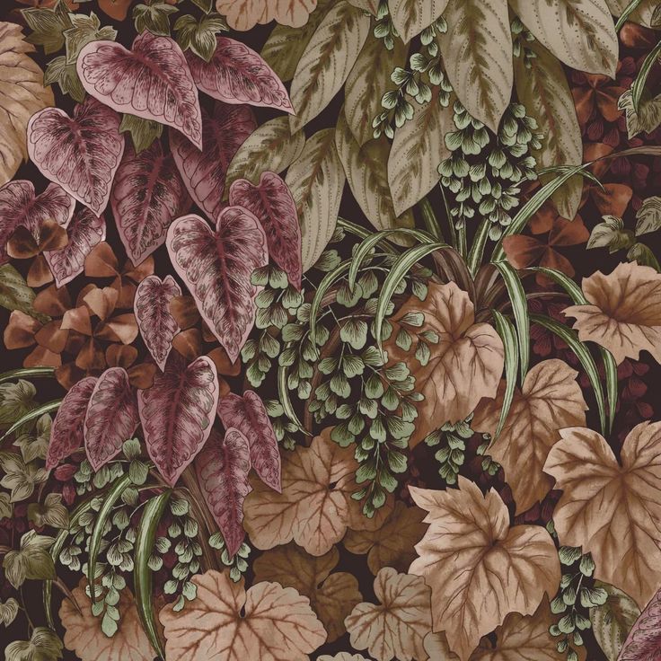 a painting of leaves and flowers on a black background