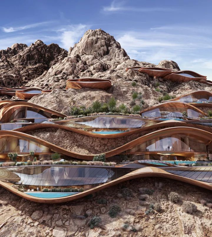 an architectural rendering of a mountain resort in the desert